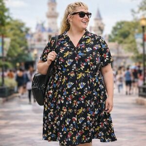 Disney Mickey Minnie Friends Shirt Dress Black Button Pockets Knee Length Sz 2X